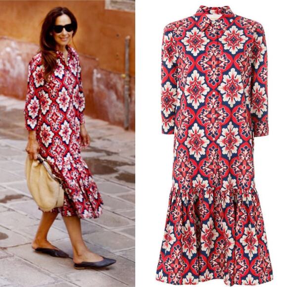 La Double J Shirtdress Dress Midi Length Button Geometric Print Red Blue Large - Picture 1 of 16